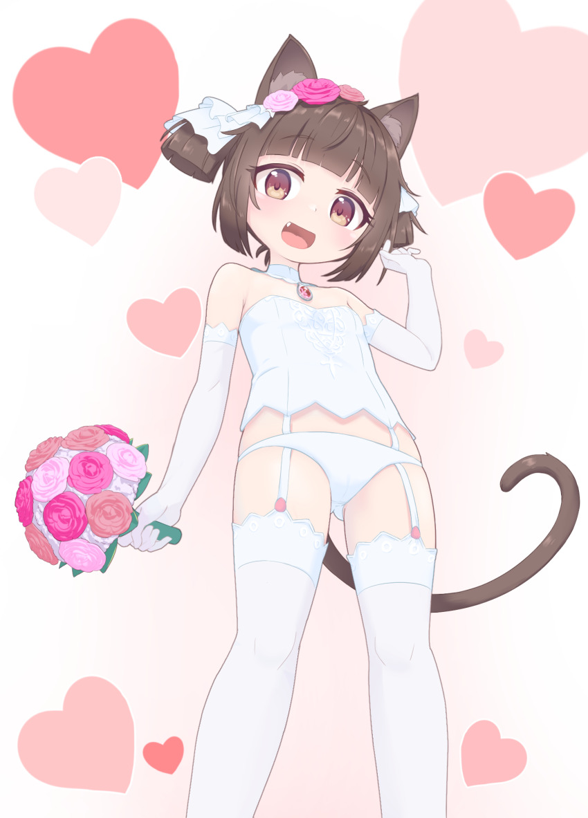 1girl :d aged_down animal_ear_fluff animal_ears bare_shoulders blunt_bangs bouquet brooch brown_eyes cat_ears cat_girl cat_tail chinese_commentary chocola_(nekopara) commentary_request detached_collar elbow_gloves fang flat_chest flower garter_straps gloves gluteal_fold hair_flower hair_ornament hand_up heart highres holding holding_bouquet jewelry keven_(ewdx3754) looking_at_viewer nekopara open_mouth panties short_hair simple_background smile solo tail thighhighs two_side_up underwear white_background white_garter_straps white_gloves white_panties white_thighhighs