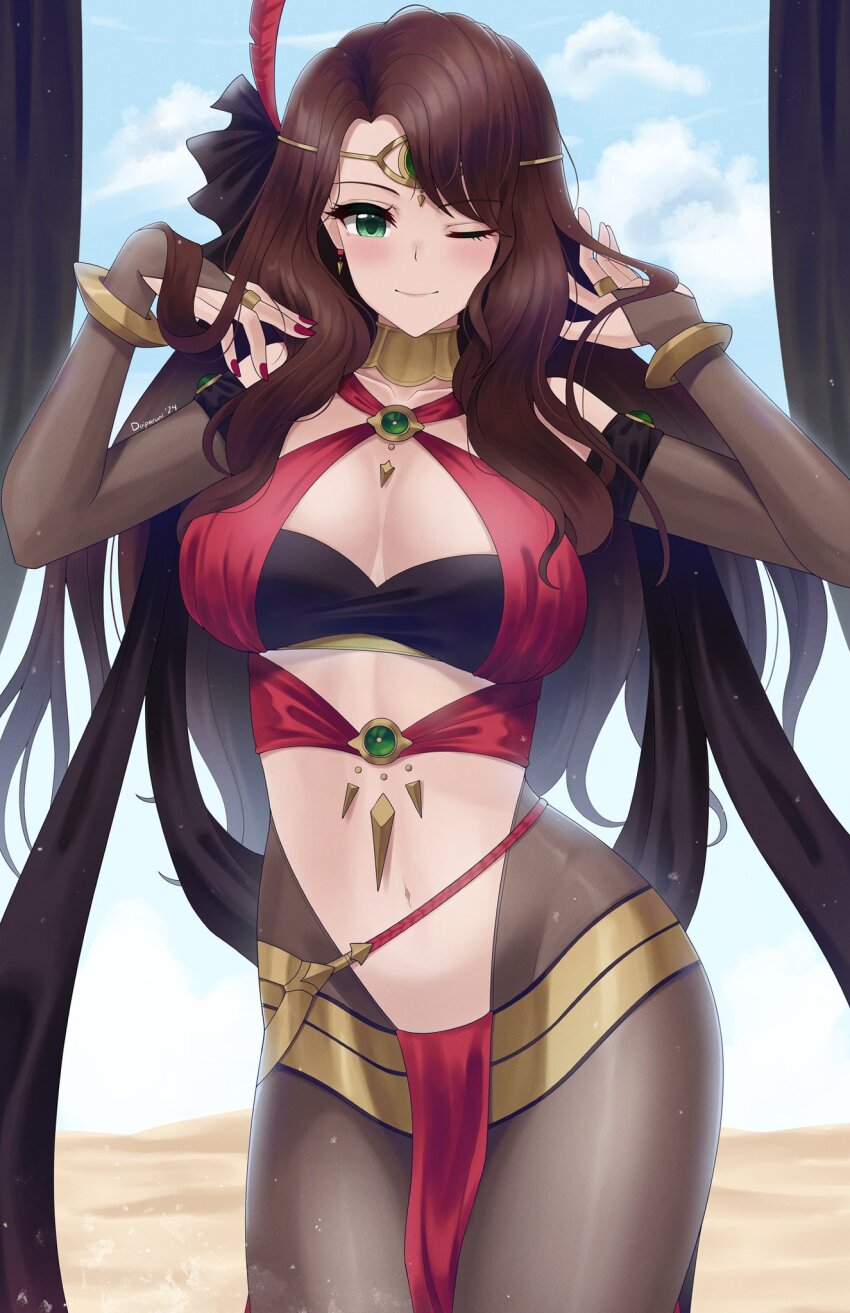 1girl blush breasts brown_hair cleavage doiparuni dorothea_arnault dorothea_arnault_(plegian) fire_emblem fire_emblem:_three_houses fire_emblem_heroes green_eyes highres large_breasts long_hair looking_at_viewer nintendo one_eye_closed pelvic_curtain sunlight wink