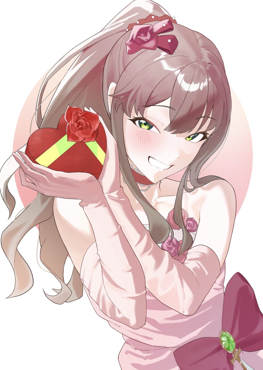 1girl absurdres blush bow box box_of_chocolates brown_hair chocolate dress gift gift_box gloves green_eyes gridman_universe gridman_universe_(film) heart-shaped_box highres holding holding_gift long_hair looking_at_viewer minami_yume official_alternate_costume pink_dress ponytail ribbon sleeveless sleeveless_dress smile solo tappy_okamura valentine