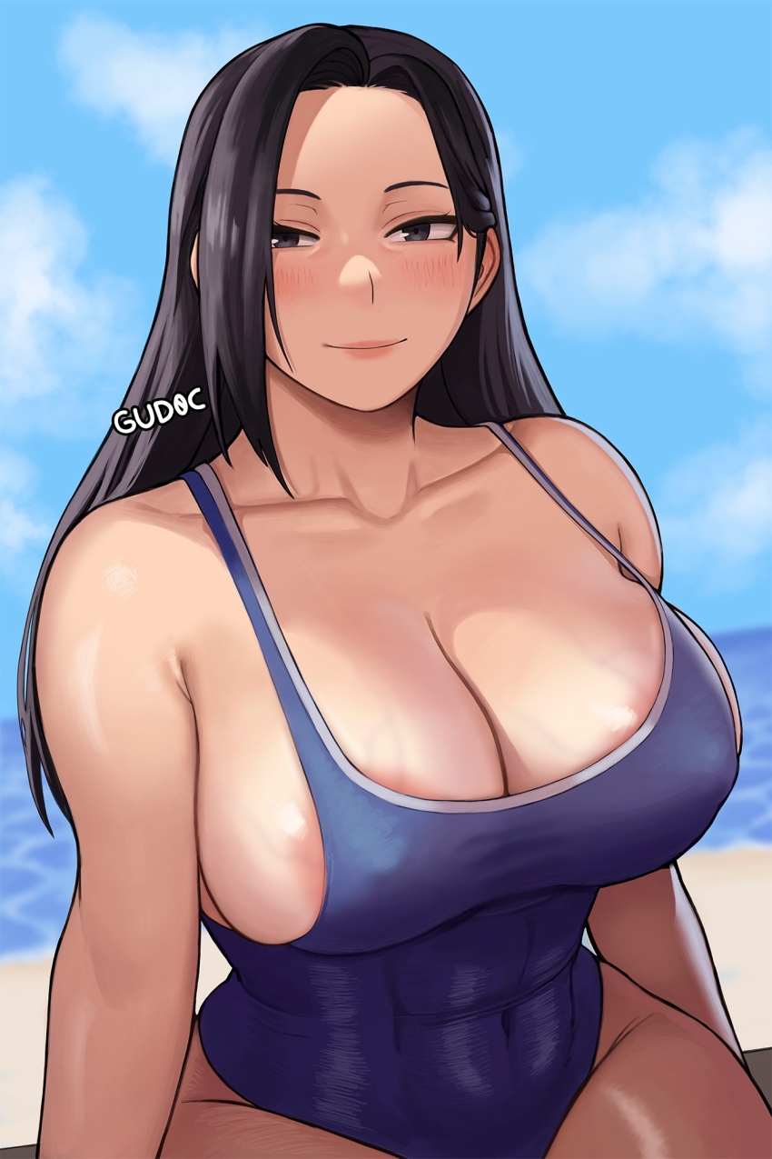 1girl areola_slip black_eyes black_hair blue_one-piece_swimsuit blurry blurry_background blush boku_no_hero_academia breasts cleavage collarbone covered_erect_nipples gud0c highres large_breasts light_smile long_hair looking_at_viewer one-piece_swimsuit outdoors solo swimsuit veins veiny_breasts yaoyorozu_momo