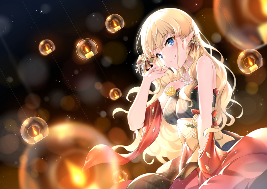 1girl blonde_hair blue_eyes blurry blush bow breasts depth_of_field elf hair_bow hair_ornament large_breasts long_hair looking_at_viewer pointy_ears princess_connect! saren_(christmas)_(princess_connect!) saren_(princess_connect!) solo split_mouth xin_(zinc)