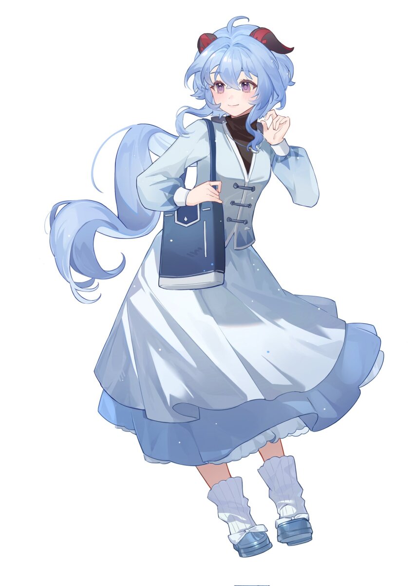 1girl adjusting_hair ahoge alternate_costume bag blue_hair blue_shirt blue_skirt full_body ganyu_(genshin_impact) genshin_impact highres horns long_hair long_skirt looking_to_the_side low_ponytail purple_eyes shirt shoes sidelocks skirt smile socks solo white_background xiaoshu