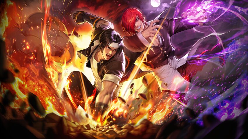 absurdres brown_eyes brown_hair choker curtained_hair fighting fingerless_gloves fire gloves hair_over_one_eye headband highres jacket kusanagi_kyou male_focus multiple_boys official_art pants pectoral_cleavage pectorals purple_fire pyrokinesis red_eyes red_hair red_pants rivalry school_uniform shirt short_hair smile snk the_king_of_fighters the_king_of_fighters_afk unbuttoned_sleeves white_headband yagami_iori