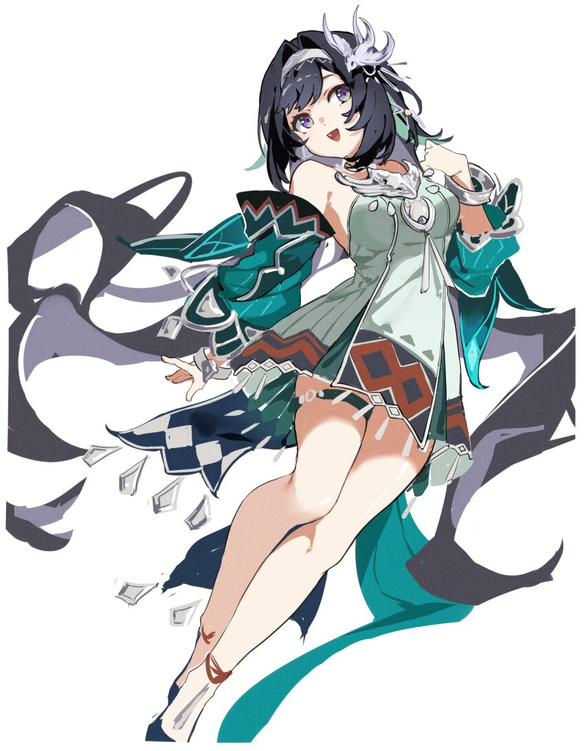 1girl absurdres bare_legs bare_shoulders black_eyes black_footwear breasts detached_sleeves dress genshin_impact green_dress green_sleeves hair_ornament highres jewelry kirschma lan_yan_(genshin_impact) long_hair medium_breasts open_mouth purple_eyes short_dress simple_background sleeveless sleeveless_dress solo thigh_strap white_background