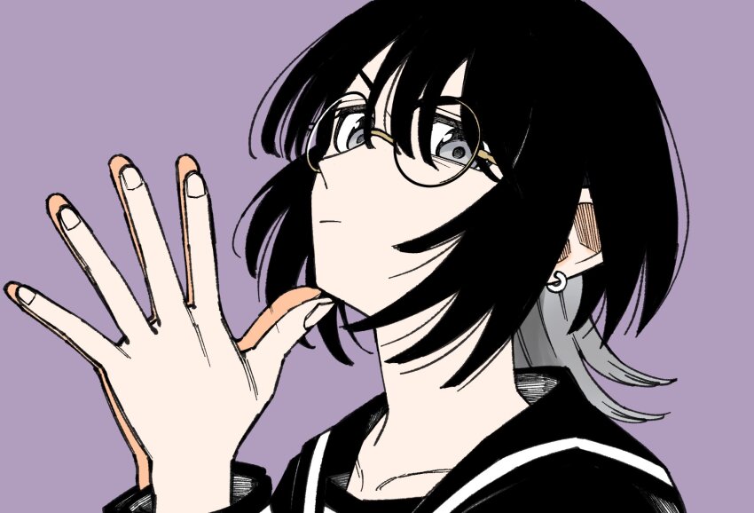 1girl black_hair black_sailor_collar chorohanage closed_mouth collarbone earrings fingernails glasses grey_eyes highres jewelry looking_at_viewer medium_hair original own_hands_together palms_together portrait purple_background round_eyewear sailor_collar simple_background solo