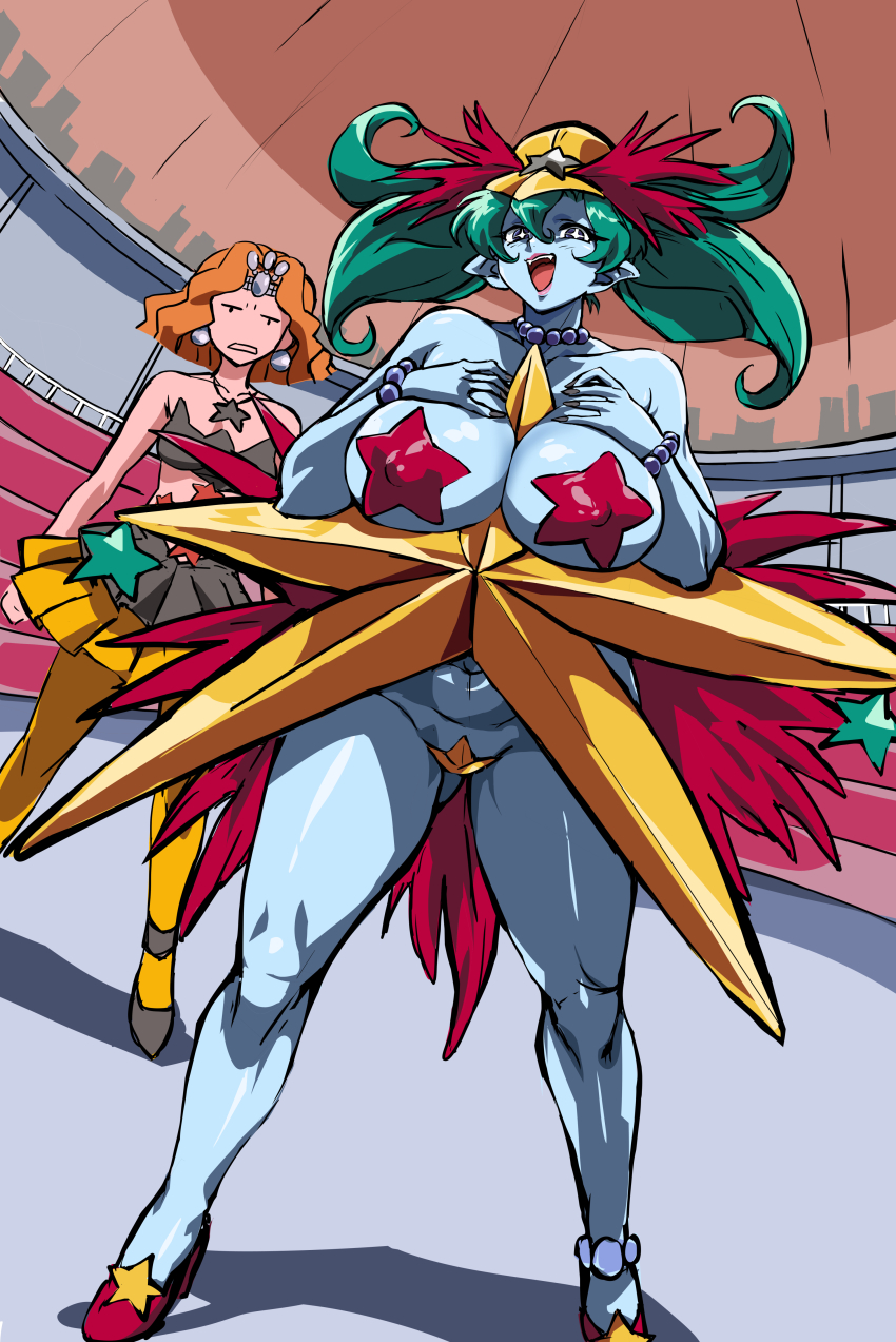 2girls :&lt; absurdres between_breasts bishoujo_senshi_sailor_moon bishoujo_senshi_sailor_moon_s blue_eyes blue_skin bracelet breasts bright_pupils brown_hair colored_skin cowboy_shot curvy demon_girl disgust full_body green_hair hands_on_own_chest highres indoors jewelry large_breasts leg_lift leg_up long_hair looking_at_another looking_at_viewer mamesi_(suhk8583) medium_hair mimete_(sailor_moon) motion_lines multiple_girls nail_polish navel pasties pointy_ears revealing_clothes shiny_skin simple_background smile standing star-shaped_pupils star_(symbol) star_pasties symbol-shaped_pupils thighs tiara twintails uchoten_(sailor_moon) wavy_hair