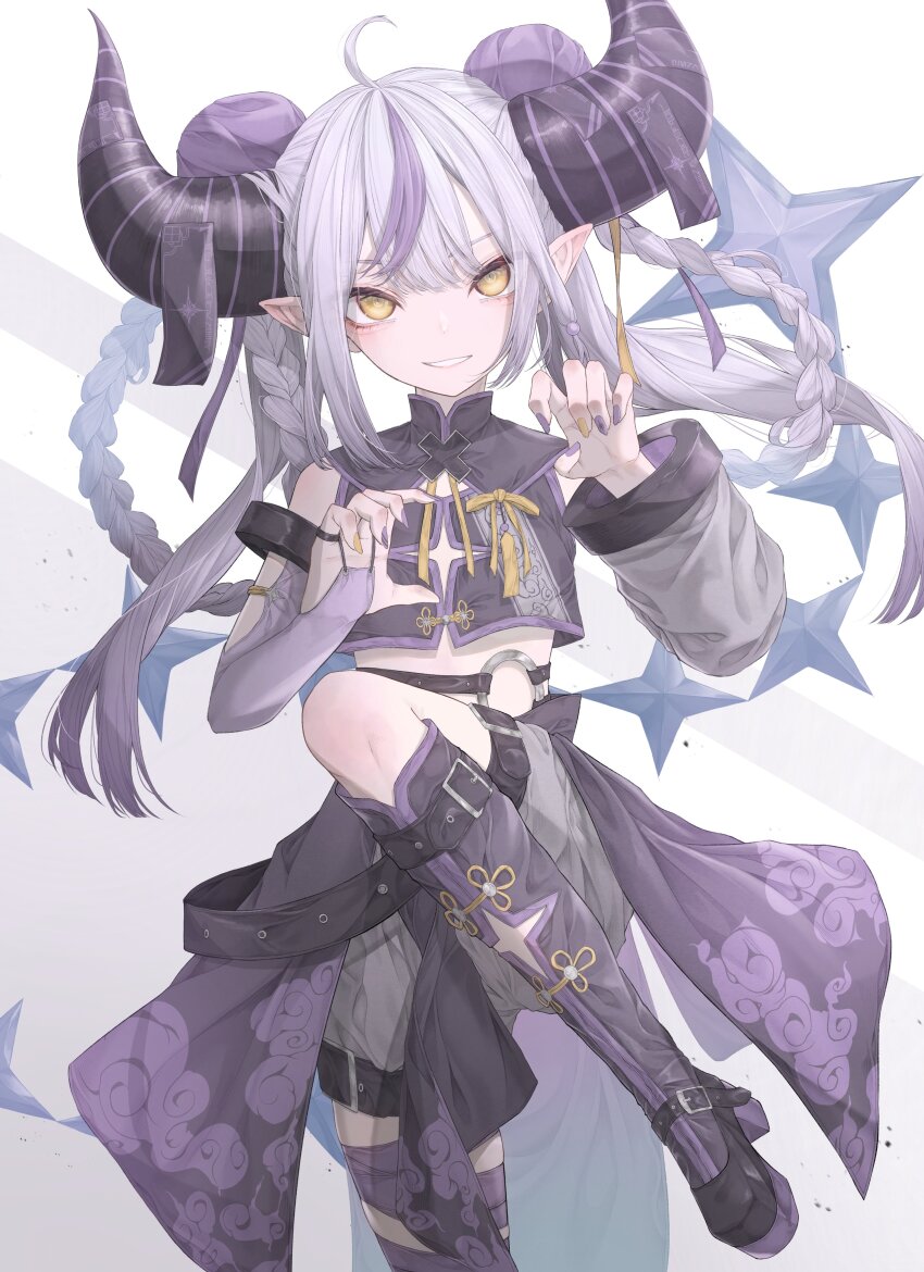 1girl absurdres ahoge alternate_costume belt braid chinese_clothes cropped_shirt cuffs detached_sleeves double_bun flat_chest full-leg_boots grey_shorts hair_bun highres hololive horns kung_fu la+_darknesss leg_up looking_at_viewer o-ring o-ring_belt ofuda ofuda_on_head pointy_ears shackles shorts smile solo studded_belt tail tqg_07 twin_braids twintails virtual_youtuber xiangyun