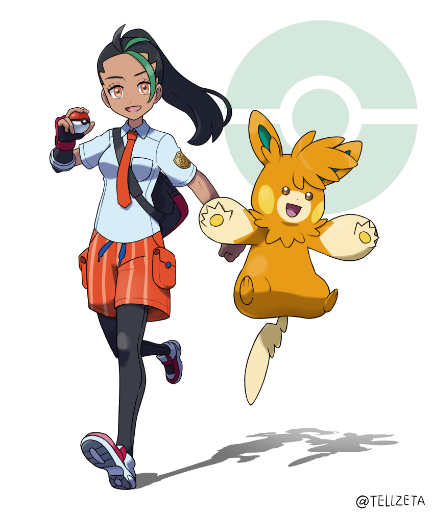 1girl :d absurdres black_hair black_pantyhose collared_shirt commentary_request creatures_(company) eyelashes freckles game_freak green_hair hand_up highres holding holding_poke_ball leg_up long_hair looking_at_viewer multicolored_hair necktie nemona_(pokemon) nintendo open_mouth orange_eyes orange_necktie orange_shorts pantyhose pawmot poke_ball poke_ball_(basic) pokemon pokemon_(creature) pokemon_sv ponytail shirt shoes short_sleeves shorts smile tellzeta two-tone_hair white_background