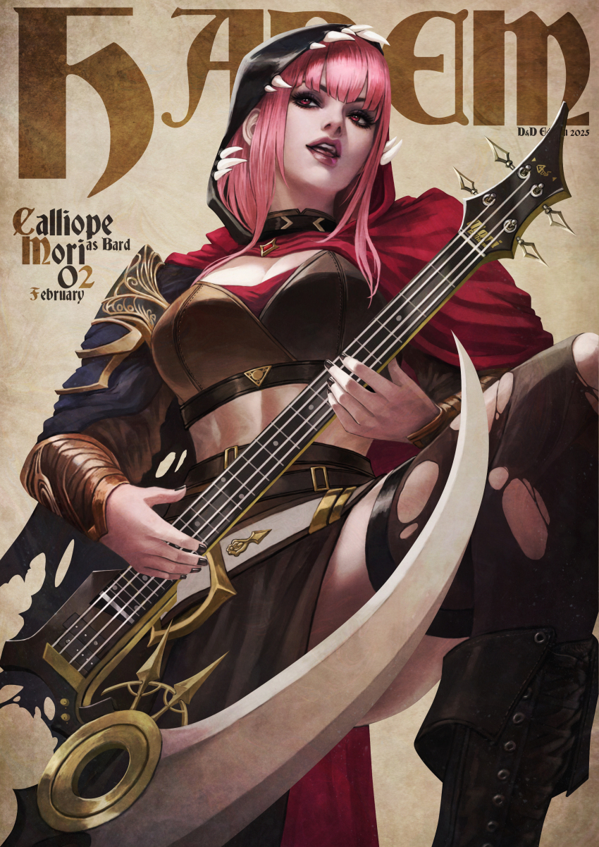 1girl absurdres bass_guitar black_footwear black_hood black_nails black_skirt black_thighhighs boots bracer breasts cape cleavage guitar highres holding holding_guitar holding_instrument hololive hololive_english instrument linea_alba monori_rogue mori_calliope parted_lips pink_cape pink_eyes pink_hair scythe skirt solo teeth thighhighs tongue torn_clothes torn_thighhighs upper_teeth_only virtual_youtuber