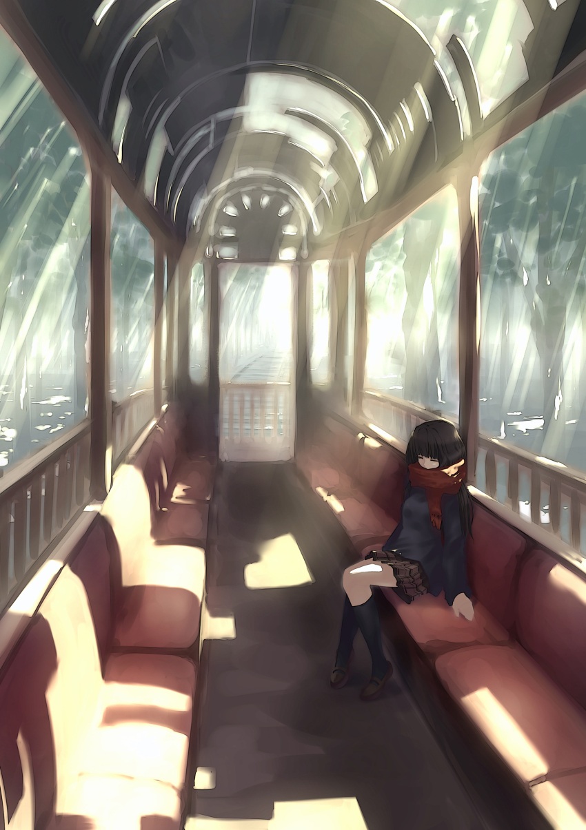 1girl absurdres arch bench black_hair closed_eyes female_focus garuku highres light_rays long_hair original scarf school_uniform shade sitting sleeping solo sunbeam sunlight train train_interior tree vanishing_point