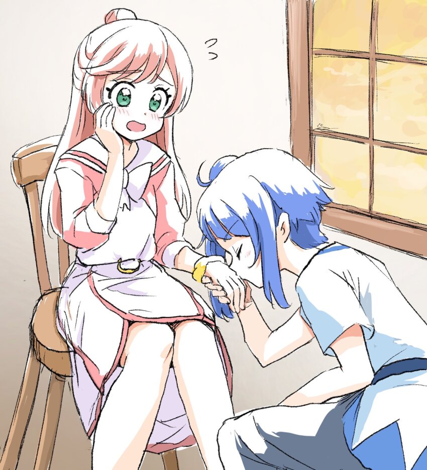 2girls blue_eyes blush bow closed_eyes commentary_request dress green_eyes half_updo hand_on_own_cheek hand_on_own_face highres hirogaru_sky!_precure kiss kissing_hand long_hair multiple_girls nijigaoka_mashiro open_mouth pink_hair precure sailor_collar side_ponytail sitting sora_harewataru uraki white_bow white_sailor_collar