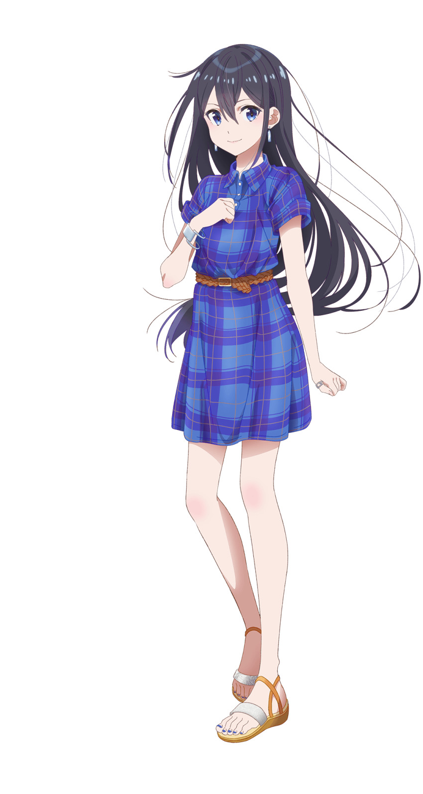 1girl bad_id black_hair blue_dress blue_eyes brown_sandals closed_mouth collared_dress dress earrings foot_up full_body hair_between_eyes hananoi_rena highres hirayama_kanna jewelry long_hair looking_at_viewer official_art plaid_clothes plaid_dress sandals selection_project short_dress short_sleeves simple_background smile solo standing tachi-e toes transparent_background very_long_hair