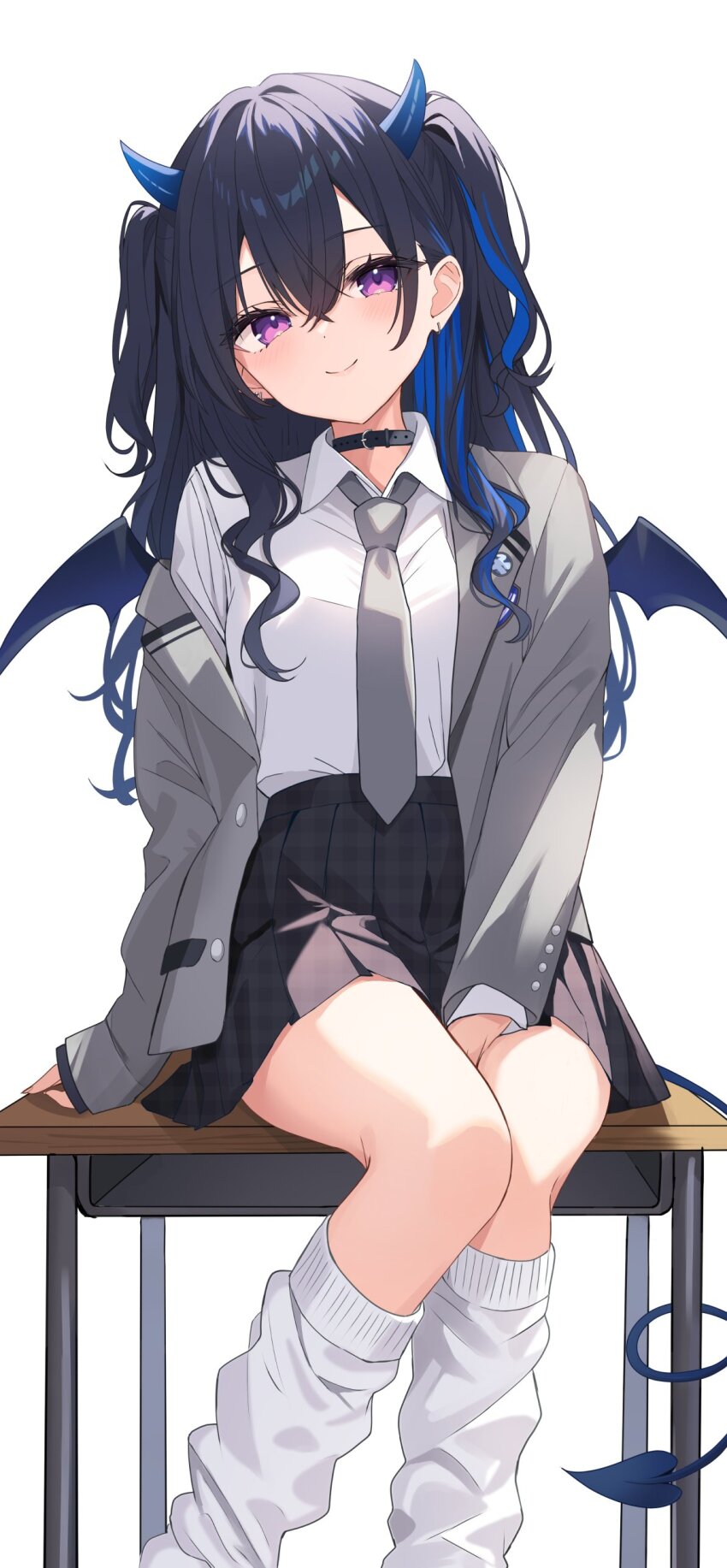 1girl absurdres belt_collar black_hair black_skirt blue_hair closed_mouth collar collared_shirt demon_horns demon_tail demon_wings desk grey_jacket grey_necktie hair_between_eyes highres horns ichinose_uruha jacket kitano_yukito long_hair long_sleeves looking_at_viewer multicolored_hair necktie on_desk open_clothes open_jacket purple_eyes school_desk school_uniform shirt simple_background sitting skirt smile socks solo streaked_hair tail two_side_up virtual_youtuber vspo! white_background white_shirt white_socks wings