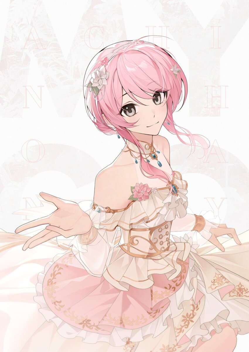 1girl alternate_hairstyle bang_dream! bang_dream!_it&#039;s_mygo!!!!! character_name chihaya_anon clothing_cutout collarbone commentary corset dress flower grey_eyes hair_flower hair_ornament hashtag-only_commentary highres layered_dress long_hair long_sleeves looking_at_viewer pink_hair see-through_clothes see-through_sleeves shoulder_cutout solo tomatoo7 upper_body white_corset white_dress