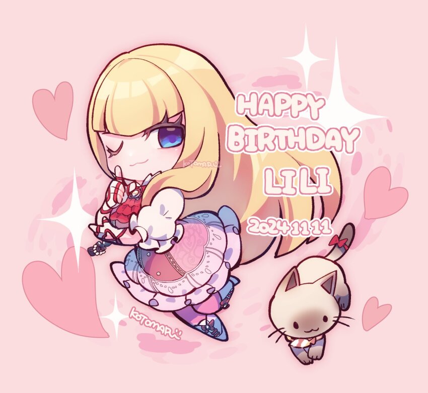 1girl :3 animal blonde_hair blue_eyes cat character_name chibi chibi_only clothing_cutout dated dress emilie_de_rochefort eyelashes fingerless_gloves full_body gloves happy_birthday heart heart_cutout highres kotorai long_hair looking_at_viewer no_nose one_eye_closed pantyhose pink_dress pink_pantyhose salt_(tekken) sparkle tekken very_long_hair white_footwear white_gloves