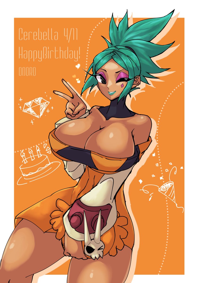 1girl absurdres aqua_hair birthday birthday_cake border breasts cake cerebella_(skullgirls) cleavage cowboy_shot dark-skinned_female dark_skin detached_collar gem_(symbol) eyeshadow food green_lips hat highres large_breasts makeup one_eye_closed orange_background party_popper ponytail sidelocks skullgirls smile squinting unisan v vice-versa_(skullgirls) white_border