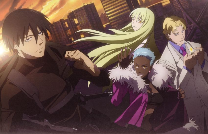 00s 2boys 2girls absurdres amber_(darker_than_black) april april_(darker_than_black) blonde_hair blue_eyes dark_skin darker_than_black duplicate hei_(darker_than_black) highres long_hair multiple_boys multiple_girls november outdoors short_hair yellow_eyes