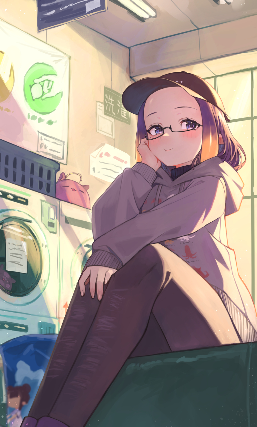 1girl absurdres baseball_cap basket black-framed_eyewear black_pantyhose casual closed_mouth fingernails hat highres hololive hololive_english hood hoodie kiwwwwwi laundromat laundry_basket light_smile ninomae_ina&#039;nis pantyhose poster_(object) purple_eyes purple_hair sitting solo_focus sunlight takodachi_(ninomae_ina&#039;nis) tentacle_hair virtual_youtuber