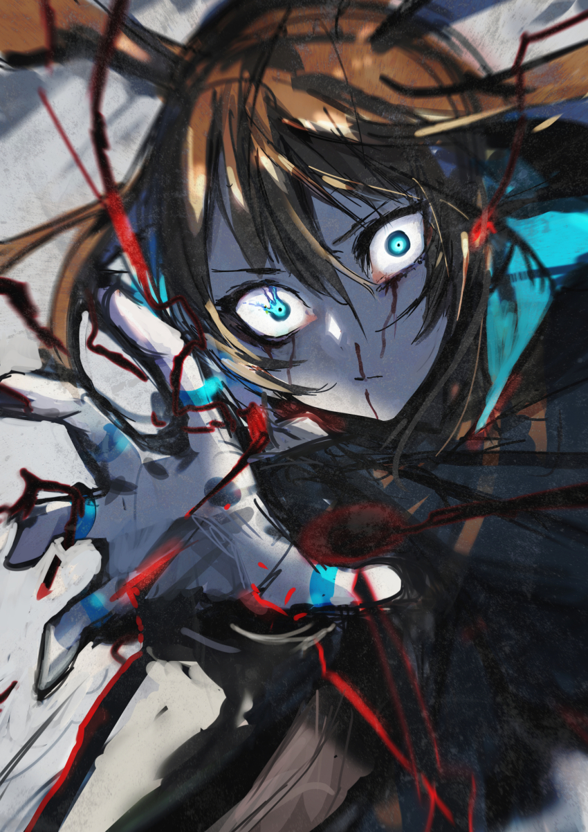 1girl amiya_(arknights) animal_ears arknights black_jacket blood blood_on_face blue_eyes brown_hair chuhaibane closed_mouth commentary_request highres jacket jewelry long_hair looking_at_viewer rabbit_ears ring solo wide-eyed