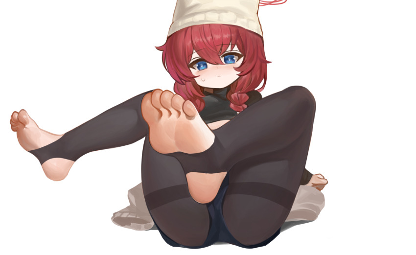 1girl beanie black_shorts blue_archive blue_eyes blush braid breasts closed_mouth dokomon foot_focus full_body hair_between_eyes halo hat highres long_hair maki_(blue_archive) maki_(camp)_(blue_archive) no_shoes official_alternate_costume red_hair red_halo shorts simple_background small_breasts soles solo stirrup_legwear toeless_legwear toes twin_braids white_background white_hat