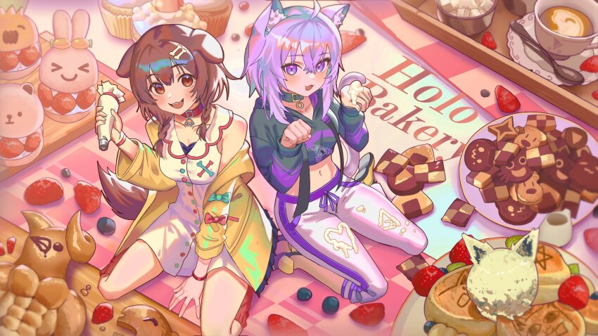 2girls absurdres animal_ear_fluff animal_ears aqua_bow black_hoodie blush bone_hair_ornament bow braid bread breasts brown_eyes brown_hair cat_ears cat_girl cat_tail collar cookie crop_top desert dog_ears dog_girl dog_tail dress fluffycatfish food fruit hair_between_eyes hair_ornament highres hololive hood hoodie inugami_korone jacket long_hair long_sleeves looking_at_viewer medium_breasts midriff multiple_girls navel nekomata_okayu open_mouth pants purple_eyes purple_hair red_bow red_collar smile strawberry sweatpants tail twin_braids virtual_youtuber white_dress white_pants yellow_jacket