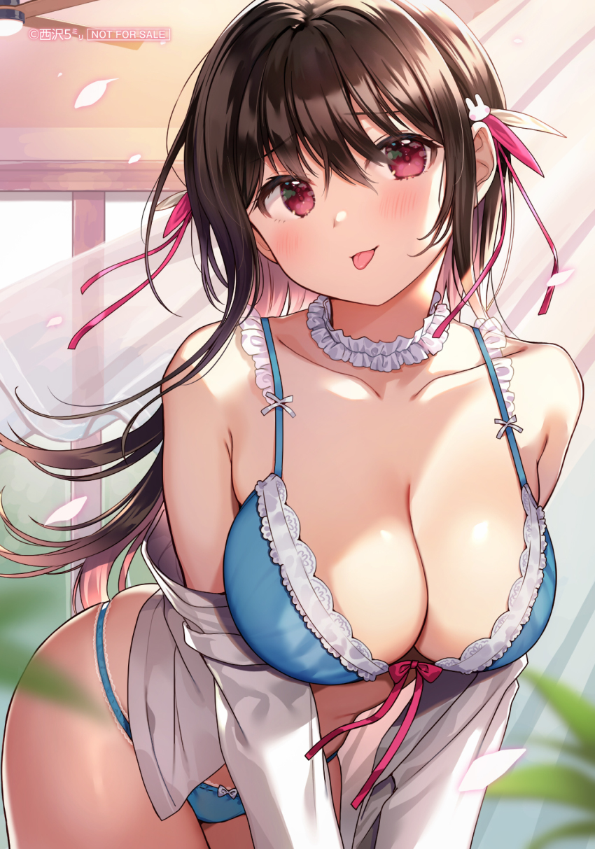 1girl bare_shoulders black_hair blue_bra blue_panties bra breasts choker cleavage collarbone cowboy_shot frilled_bra frilled_choker frills front-tie_bra front-tie_top hair_ribbon highres large_breasts leaning_forward lingerie long_hair long_sleeves looking_at_viewer nishizawa off_shoulder open_clothes open_shirt original panties red_eyes ribbon shirt sidelocks skindentation solo spaghetti_strap string_bra tongue tongue_out underwear white_shirt