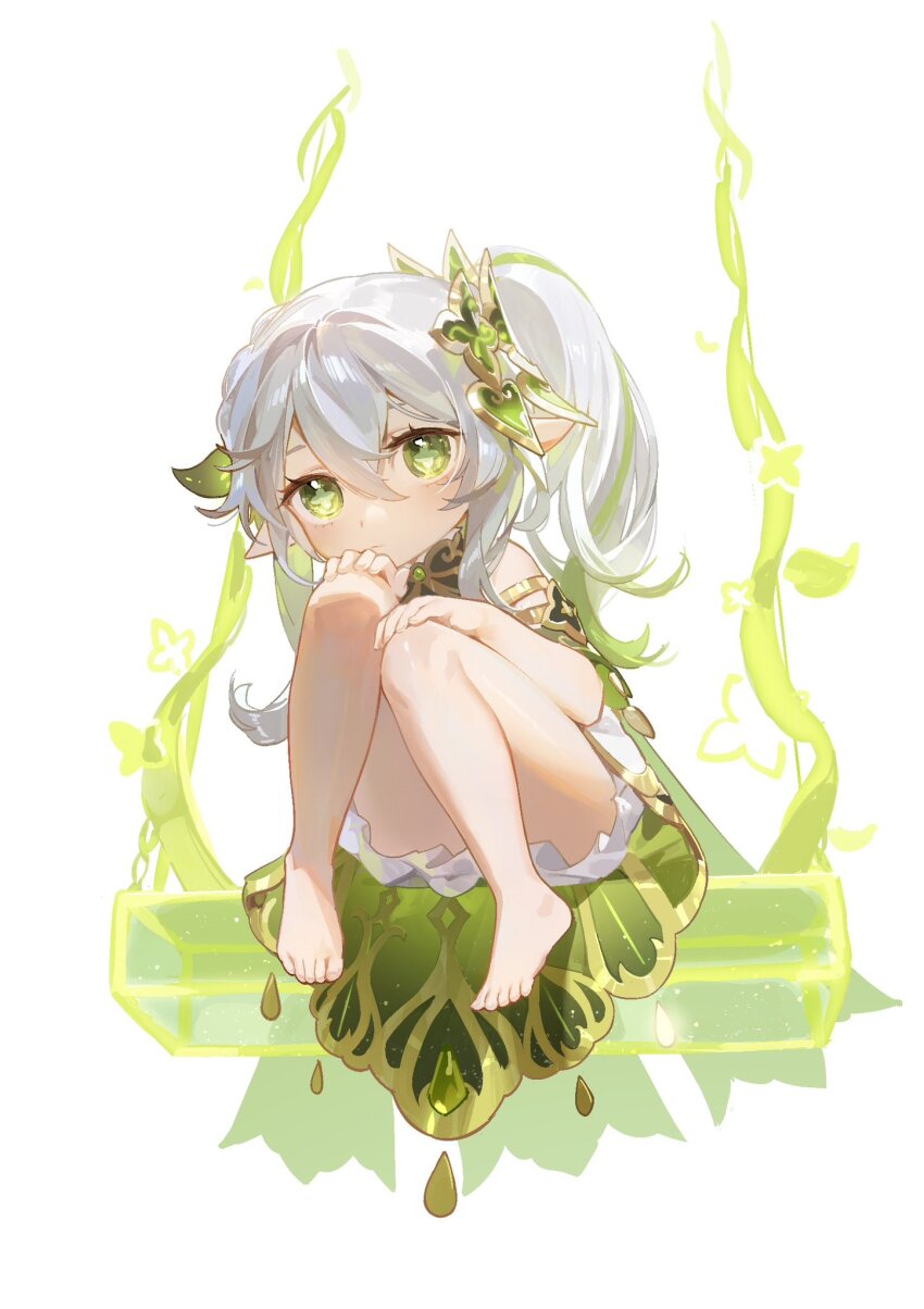 1girl bare_shoulders barefoot bloomers closed_mouth detached_sleeves dress flower-shaped_pupils full_body genshin_impact green_dress green_eyes hair_between_eyes hair_ornament hand_on_own_knee highres knees_up leaf_hair_ornament long_hair looking_at_viewer nahida_(genshin_impact) pointy_ears short_sleeves side_ponytail simple_background sitting solo swing symbol-shaped_pupils toes two-sided_dress two-sided_fabric underwear white_background white_bloomers white_dress white_hair yurayura_(mdeh5447)