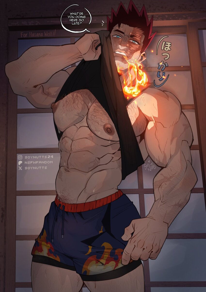 1boy abs bara black_shorts black_tank_top blue_eyes boku_no_hero_academia burn_scar chest_hair clothes_lift endeavor_(boku_no_hero_academia) fire highres large_pectorals looking_at_viewer male_focus mature_male muscular muscular_male navel nipples pectorals red_hair scar scar_across_eye scar_on_face short_hair shorts solo soynutts tank_top