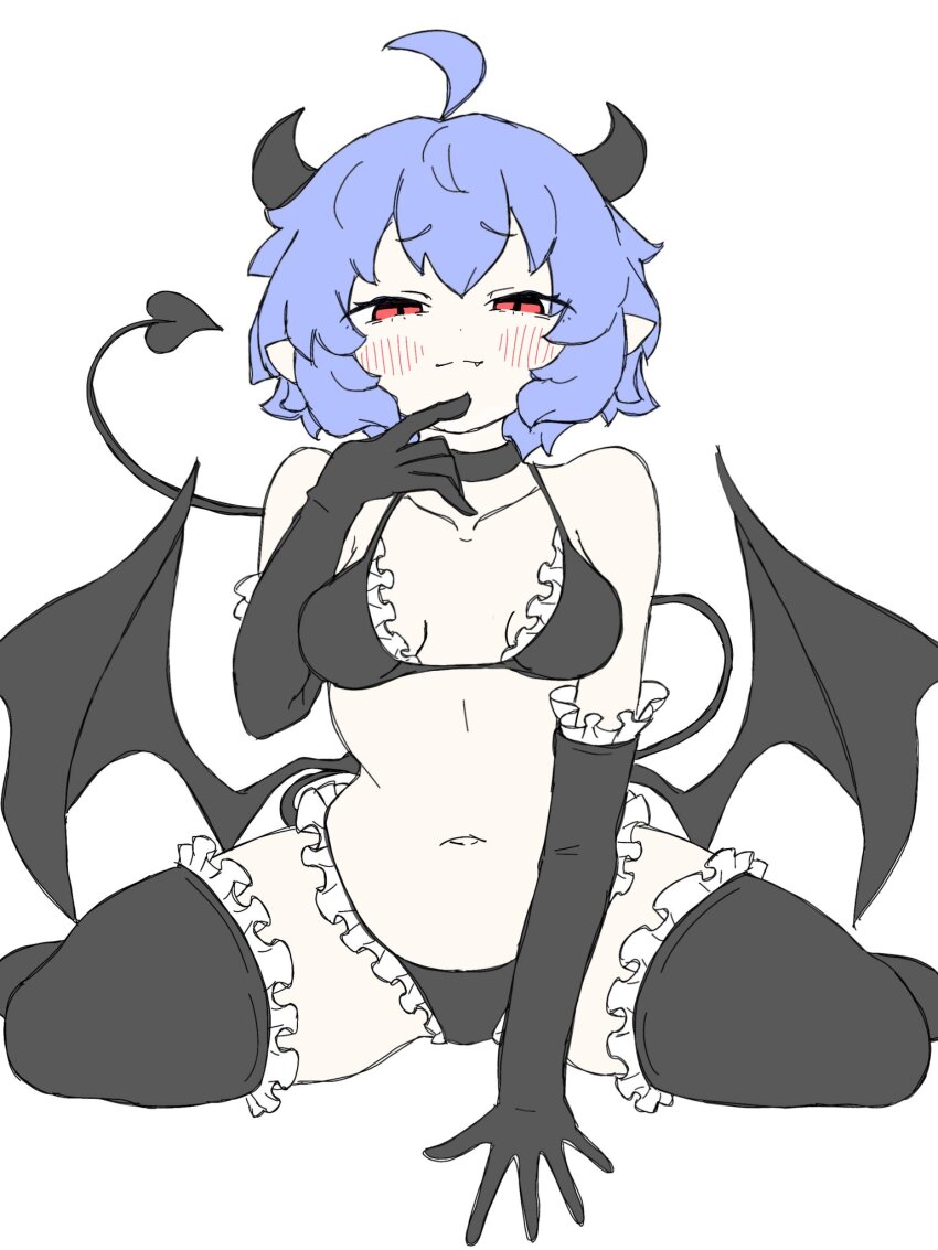 1girl bat_wings between_legs black_bra black_choker black_panties black_tail black_thighhighs blue_hair blush bra breasts choker commentary_request cowboy_shot demon_horns demon_tail elbow_gloves fang frilled_bra frilled_gloves frilled_panties frilled_thighhighs frills fumomono gloves hair_between_eyes hand_between_legs hand_up highres horns looking_at_viewer navel panties pointy_ears red_eyes remilia_scarlet short_hair simple_background sitting small_breasts solo tail thighhighs touhou underwear wariza white_background wings