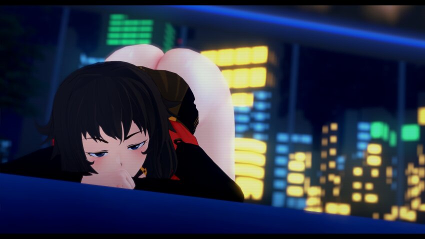 3d absurdres ass bed bottomless brown_hair city cityscape gabrielle_(va-11_hall-a) half-closed_eyes highres huge_ass kneeling koikatsu_(medium) long_hair looking_at_viewer scarf solo spiritofrei top-down_bottom-up va-11_hall-a