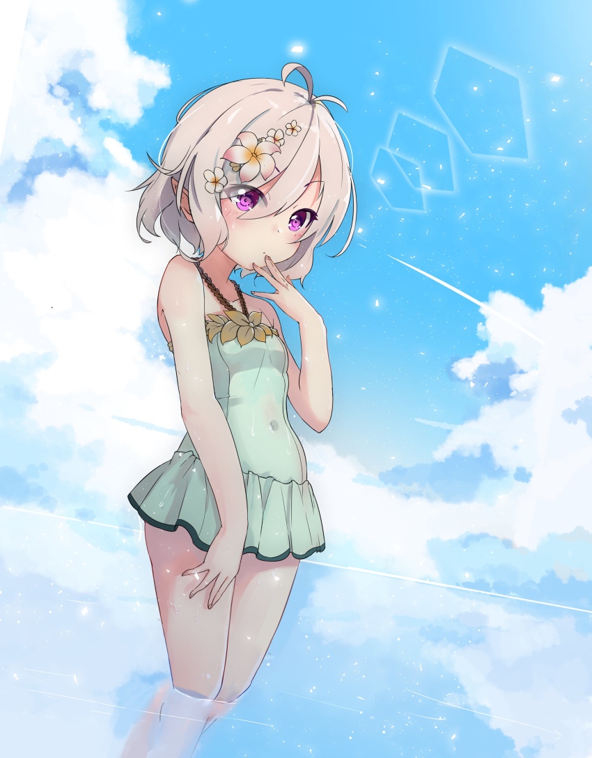 1girl absurdres antenna_hair aqua_one-piece_swimsuit bare_arms bare_shoulders blue_sky breasts closed_mouth cloud covered_navel day dot_mouth feet_out_of_frame flower hair_between_eyes hair_flower hair_ornament halterneck hand_on_own_thigh hand_to_own_mouth hand_up highres kokkoro_(princess_connect!) kokkoro_(summer)_(princess_connect!) light_blush looking_at_viewer one-piece_swimsuit pink_eyes pointy_ears princess_connect! short_hair sky small_breasts small_rabbit solo standing swept_bangs swimsuit swimsuit_skirt wading water white_hair