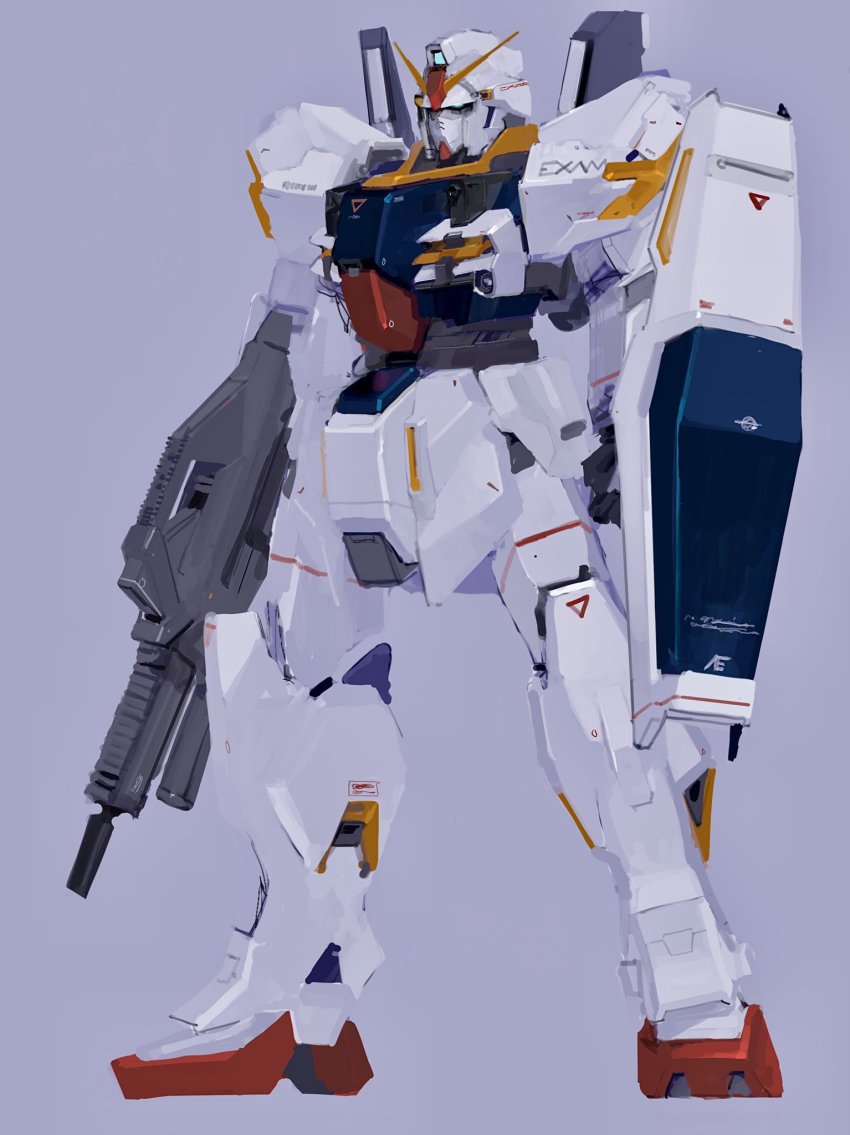 beam_rifle blue_destiny_03 blue_eyes energy_gun fusion gun gundam gundam_mk_ii gundam_side_story:_the_blue_destiny highres holding holding_gun holding_shield holding_weapon looking_ahead mecha mobile_suit no_humans purple_background rintaro_komori robot science_fiction shield standing v-fin weapon zeta_gundam