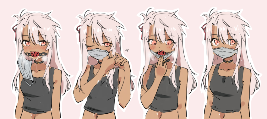 1girl artist_name ball_gag bare_arms bare_shoulders black_choker black_tank_top blush breath chloe_von_einzbern choker collarbone commentary commission dark-skinned_female dark_skin english_commentary eudetenis fate/kaleid_liner_prisma_illya fate_(series) gag gag_under_mask gagged hair_between_eyes highres long_hair mask mask_pull mouth_mask multiple_views navel one_eye_closed outline pink_background pink_hair red_eyes removing_mask saliva sequential simple_background sketch surgical_mask tank_top upper_body white_outline