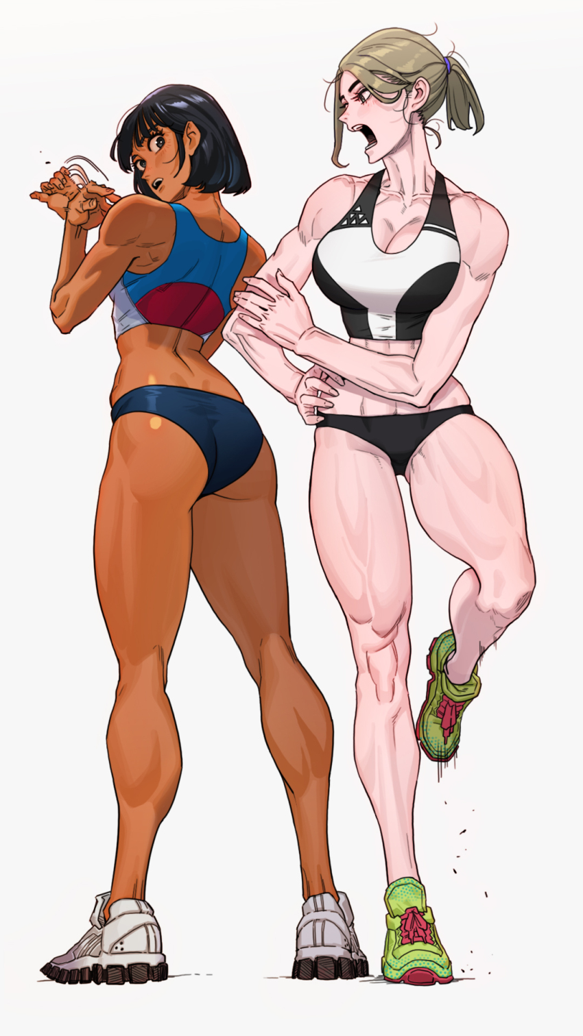 2girls abs black_hair blonde_hair breasts cleavage highres jun_sung_kwak looking_back multiple_girls muscular muscular_female original ponytail shoes short_hair sneakers sportswear tan tank_top thick_thighs thighs toned white_background