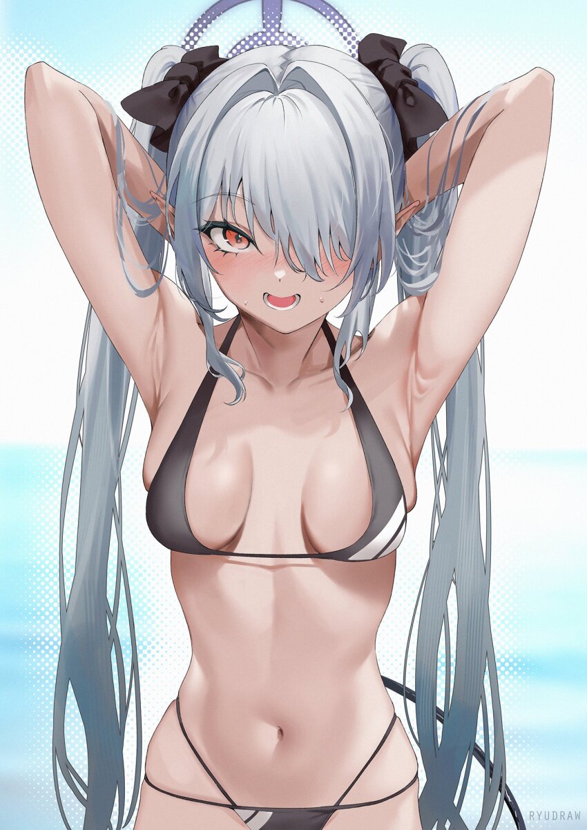 1girl armpits arms_behind_head arms_up bikini black_bikini black_bow blue_archive blush bow breasts demon_tail grey_hair hair_bow halo highres iori_(blue_archive) iori_(swimsuit)_(blue_archive) long_hair medium_breasts multi-strapped_bikini_bottom navel open_mouth pointy_ears red_eyes ryudraw skindentation solo stomach swimsuit tail very_long_hair