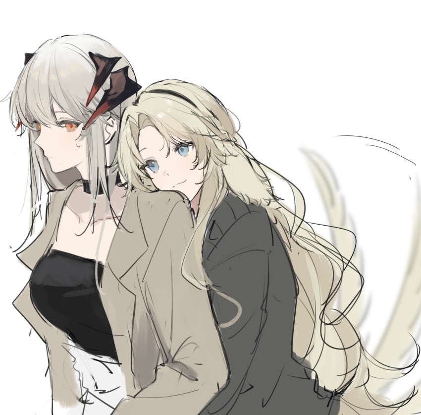 2girls afterimage animal_ears arknights black_choker black_jacket black_shirt blonde_hair blue_eyes breasts brown_jacket choker dog_ears dog_girl dog_tail dragon_horns floppy_ears grey_hair highres horns hug hug_from_behind jacket joshua_(shisanli934) kristen_(arknights) long_hair long_sleeves multiple_girls open_clothes open_jacket saria_(arknights) shirt sidelocks simple_background sketch small_breasts tail tail_wagging upper_body white_background yuri