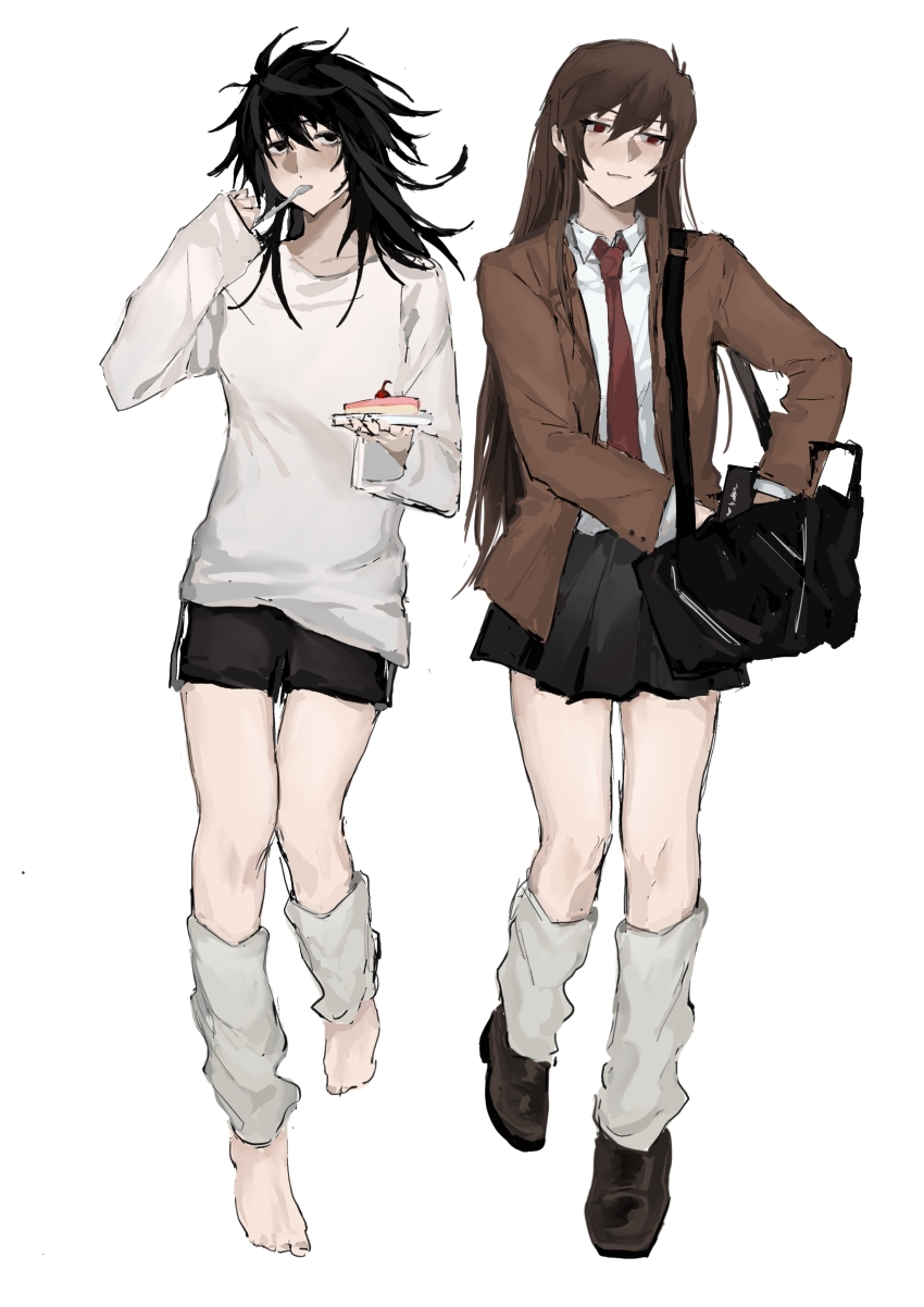 2girls absurdres bag barefoot black_shorts black_skirt brown_footwear brown_hair brown_jacket cake cake_slice chinese_commentary closed_mouth commentary_request death_note death_note_(object) food genderswap genderswap_(mtf) highres holding holding_spoon jacket l_(death_note) lajiren247 leg_warmers long_hair long_sleeves messy_hair miniskirt multiple_girls open_clothes open_jacket pleated_skirt red_eyes school_uniform shirt shorts shoulder_bag simple_background skirt smile spoon white_background white_leg_warmers white_shirt yagami_light