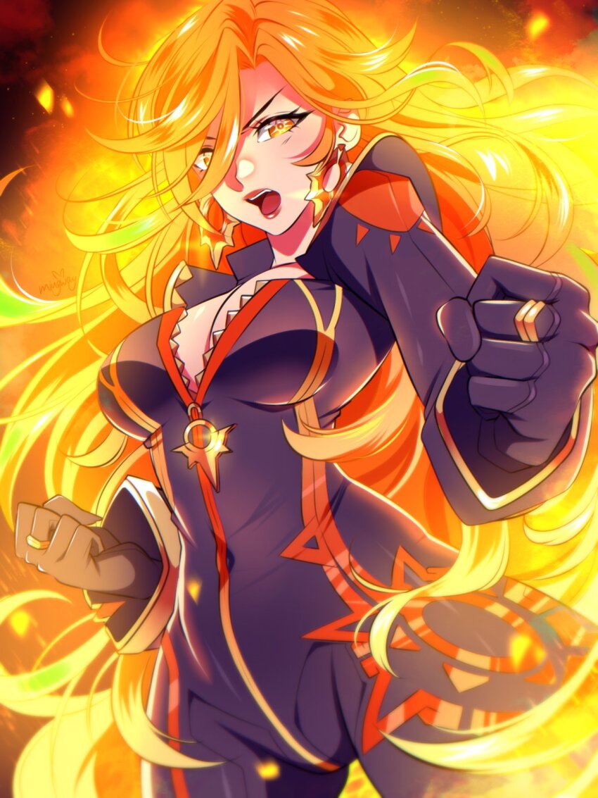 1girl biker_clothes bikesuit black_bikesuit black_gloves blonde_hair bodysuit breasts cleavage clenched_hands colored_inner_hair covered_navel cowboy_shot earrings fang fire genshin_impact gloves gold_ring gradient_hair hair_between_eyes hands_up highres jewelry large_breasts long_hair long_sleeves looking_at_viewer mavuika_(genshin_impact) mingway multicolored_hair open_mouth orange_eyes orange_hair red_hair red_lips solo standing sun-shaped_pupils sun_earrings sun_print sun_symbol symbol-shaped_pupils teeth v-shaped_eyebrows wavy_hair wide_sleeves zipper