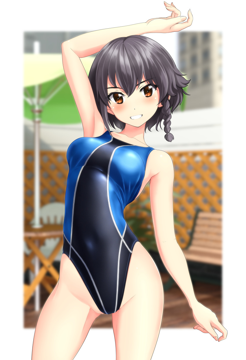 1girl absurdres beach_umbrella bench black_hair black_one-piece_swimsuit blurry braid brown_eyes chair commentary_request competition_swimsuit cowboy_shot depth_of_field fence girls_und_panzer grin highres looking_at_viewer one-piece_swimsuit pepperoni_(girls_und_panzer) short_hair side_braid smile solo swimsuit takafumi two-tone_background umbrella