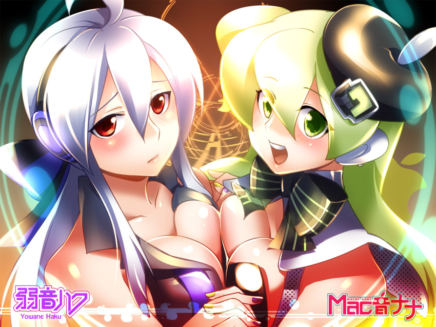 2girls beret blush bow breast_press breasts caffein cleavage green_eyes green_hair hat headphones holding_hands macne_nana macne_series multiple_girls nail_polish purple_nails red_eyes silver_hair symmetrical_docking utau vocaloid yellow_nails yowane_haku