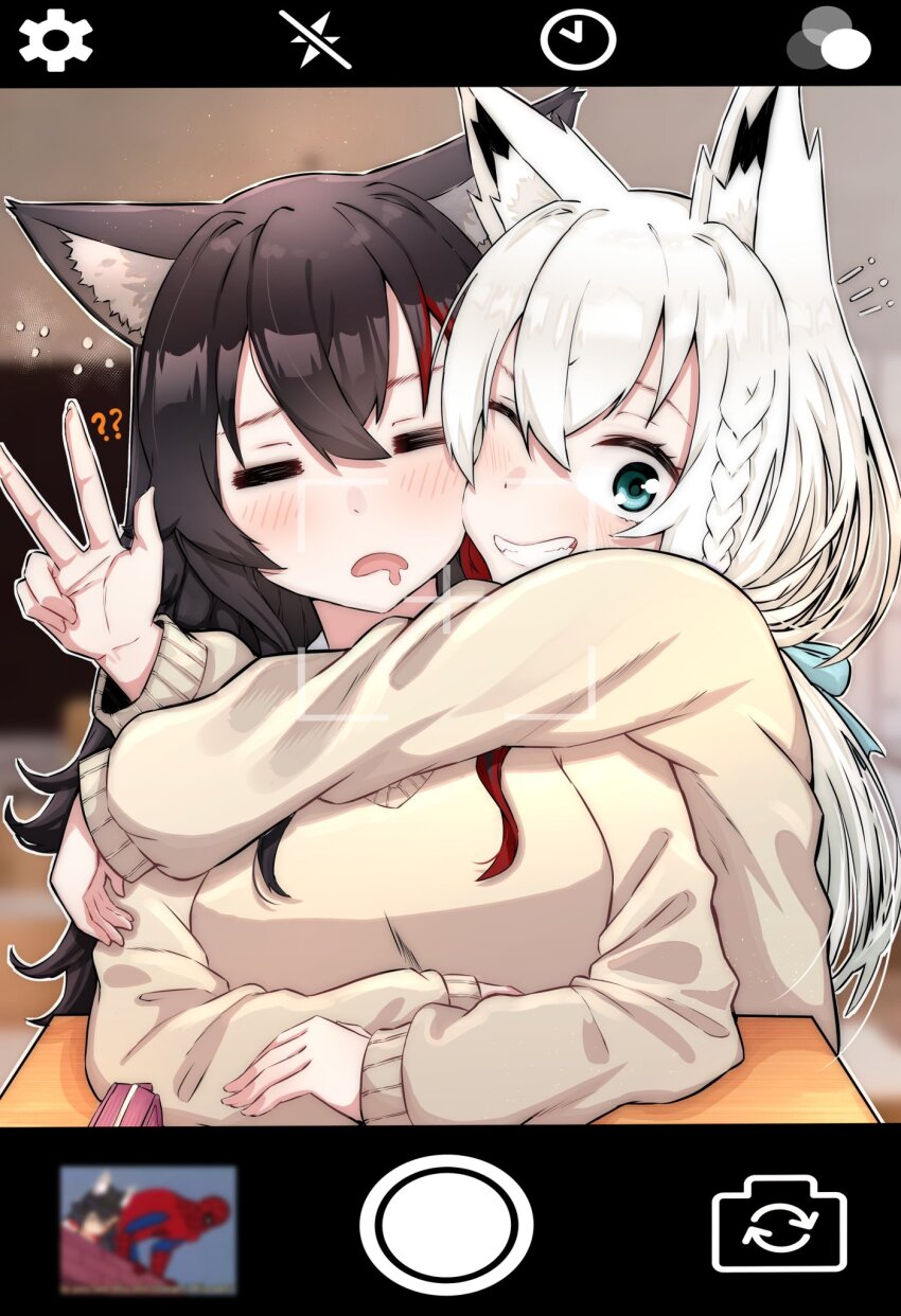 ! !! 2girls =_= ? ?? admiralkukichi alternate_costume animal_ear_fluff animal_ears aqua_eyes black_hair blue_ribbon blush braid breasts brown_sweater closed_eyes drooling fake_phone_screenshot fake_screenshot fox_ears fox_girl grin hair_between_eyes hair_ribbon highres hololive hug indoors long_hair long_sleeves looking_at_viewer low_ponytail marvel mouth_drool multicolored_hair multiple_girls one_eye_closed ookami_mio puffy_long_sleeves puffy_sleeves red_hair ribbon shirakami_fubuki side_braid smile spider-man spider-man_(series) streaked_hair sweater table v virtual_youtuber white_hair wolf_ears wolf_girl