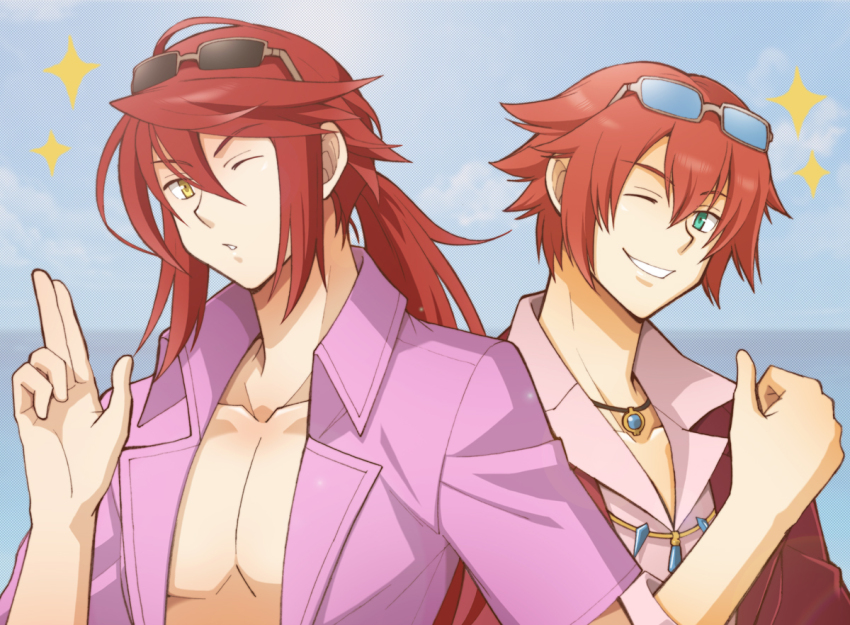 2boys aaron_wei ashibe-kaoru collarbone collared_shirt commentary_request eiyuu_densetsu glasses green_eyes horizon kuro_no_kiseki_(series) kuro_no_kiseki_i lechter_arundel long_hair low_ponytail male_focus multiple_boys on_head one_eye_closed open_clothes open_shirt pectoral_cleavage pectorals pink_shirt red_hair salute sen_no_kiseki_(series) sen_no_kiseki_i shirt short_hair smile sparkle sunglasses teeth thumbs_up two-finger_salute yellow_eyes