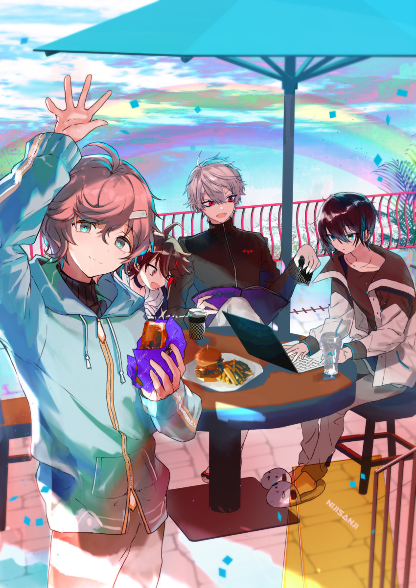 4boys animal_slippers arm_up bad_id bad_pixiv_id bendy_straw black_hair black_jacket black_sweater blue_eyes blue_hair blue_jacket brown_hair brown_shirt burger closed_mouth collarbone commentary_request computer copyright_name cup disposable_cup dog_slippers drinking_glass drinking_straw ear_piercing earrings fangs fast_food food french_fries grey_hair hair_between_eyes hair_ornament hairclip hayama_eishi highres holding holding_cup jacket jewelry kanae_(1st_costume)_(nijisanji) kanae_(nijisanji) kuzuha_(nijisanji) laptop long_sleeves looking_at_viewer male_focus mayuzumi_kai mayuzumi_kai_(1st_costume) multicolored_hair multiple_boys nijisanji open_clothes open_jacket open_mouth pants piercing railing red_eyes red_hair revision ribbed_sweater saegusa_akina saegusa_akina_(1st_costume) shirt sitting slippers smile standing stool streaked_hair sweater table turtleneck turtleneck_sweater virtual_youtuber white_footwear white_jacket white_pants