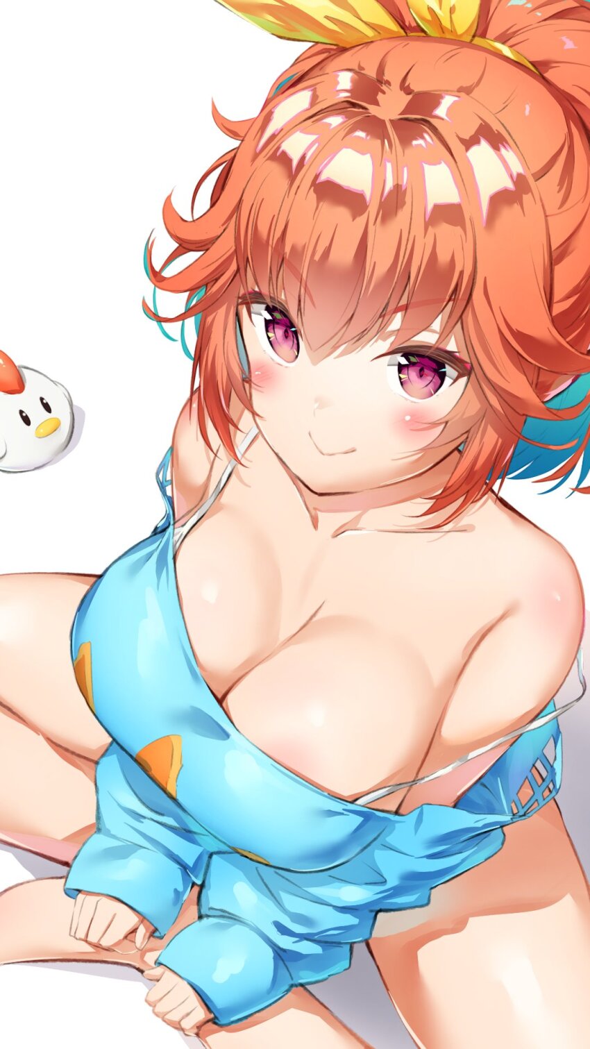 1girl :&gt; aqua_hair areola_slip bare_legs bare_shoulders barefoot blue_sweater blush breasts cleavage closed_mouth collarbone colored_inner_hair from_above hair_between_eyes highres hololive hololive_english indian_style kfp_employee_(takanashi_kiara) kinako_mocchi_mochi large_breasts long_sleeves looking_at_viewer multicolored_hair off-shoulder_sweater off_shoulder orange_hair purple_eyes short_ponytail simple_background sitting smile strap_slip sweater takanashi_kiara takanashi_kiara_(fever_night) virtual_youtuber white_background