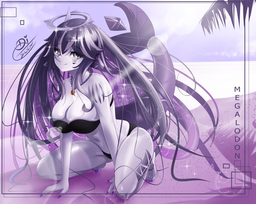 1girl absurdres beach bikini black_bikini black_hair body_markings breasts character_name cleavage closed_mouth colored_inner_hair facial_mark fins fish_tail grey_hair hair_between_eyes halo highres indie_virtual_youtuber jewelry large_breasts long_hair megalodon_(vtuber) multicolored_hair nail_polish navel necklace ocean purple_eyes purple_hair purple_nails shark_tail shihir09 signature smile solo streaked_hair swimsuit tail toenail_polish toenails virtual_youtuber