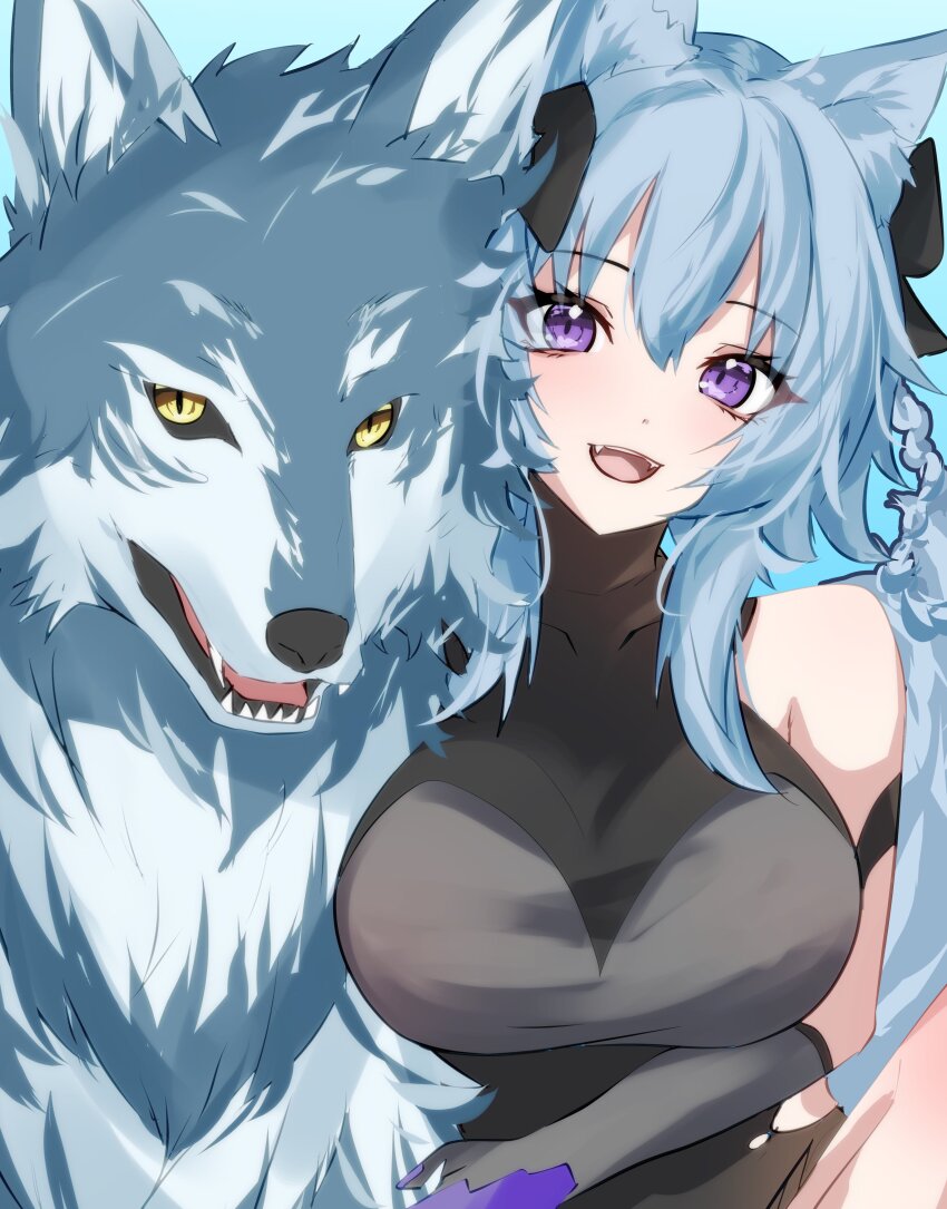 1girl absurdres animal animal_ears assault_lily bare_shoulders black_shirt blue_background blue_hair braid breasts commentary_request elbow_gloves fangs gloves grey_gloves grey_shirt hair_between_eyes highres houji_tea_latte kemonomimi_mode knee_up large_breasts light_blush long_hair looking_at_viewer mori_tatsuki official_alternate_costume open_mouth purple_eyes shirt side-by-side side_braid simple_background sleeveless sleeveless_shirt sleeveless_turtleneck smile solo teeth turtleneck two-tone_shirt upper_body upper_teeth_only wolf wolf_ears yellow_eyes