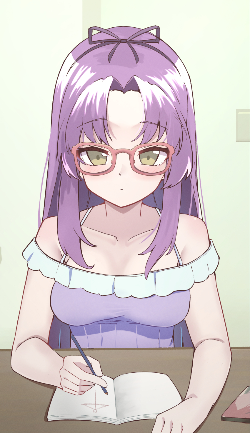 1girl absurdres alternate_costume bare_shoulders book collarbone curtained_hair eiyuu_densetsu glasses hair_intakes hair_ribbon highres holding holding_pen long_hair naisu_(nai_su01) off_shoulder open_book pen purple_hair red-framed_eyewear renne_(eiyuu_densetsu) ribbon solo writing yellow_eyes