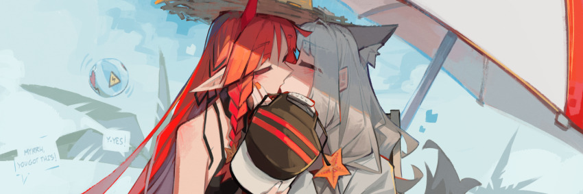 2girls animal_ear_fluff animal_ears arknights ball beach_umbrella beachball blush braid closed_eyes cloud commentary day english_commentary english_text fox_ears frostleaf_(arknights) grey_hair hand_on_another&#039;s_face hat heart kiss long_hair multiple_girls orange_nails outdoors red_hair side_braid speech_bubble straw_hat togekk0 umbrella vigna_(arknights) yuri