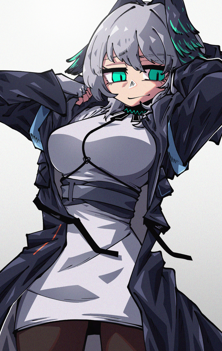 1girl absurdres aqua_eyes arknights arms_up between_breasts black_coat black_pantyhose breasts closed_mouth coat cowboy_shot dress dryegen feathered_wings fingerless_gloves gloves grey_hair hair_between_eyes head_wings highres ho&#039;olheyak_(arknights) infection_monitor_(arknights) large_breasts long_sleeves open_clothes pantyhose slit_pupils solo strap_between_breasts tail white_dress white_gloves wings