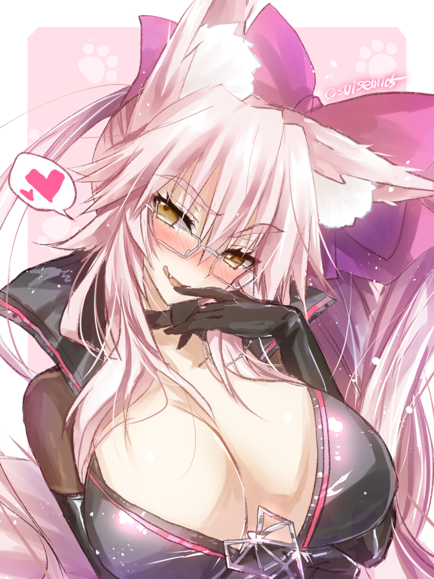 1girl akatsuki_(ggsy7885) animal_ear_fluff animal_ears black_bodysuit blush bodysuit bow breasts center_opening choker cleavage fang fate/grand_order fate_(series) fox_ears fox_girl fox_tail glasses hair_between_eyes hair_bow heart highres koyanskaya_(assassin)_(first_ascension)_(fate) koyanskaya_(fate) large_breasts long_hair looking_at_viewer open_mouth pink_bow pink_hair ponytail sidelocks smile solo spoken_heart tail tamamo_(fate) yellow_eyes